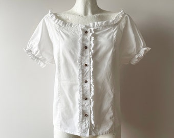 White summer blouse, cotton ruffle top, short sleeve women's peasant blouse, romantic girls button up shirt, gift idea for her, size large