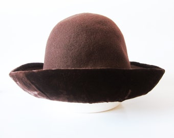 Vintage Brown Felted Wool Hat: Velvet Brim, Made in England