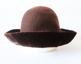 Felted wool hat, Brown wide brim hat, Velvet brim elegant lady's accessory, gift for her