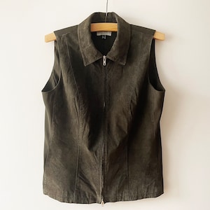 Suede leather women&#39;s vest, long genuine leather women zipped waistcoat with collar, western biker boho motorcycle rider vest, size large