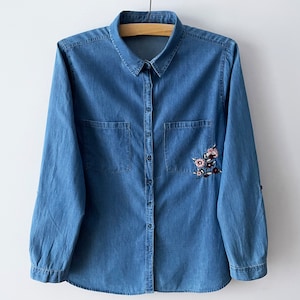 Vintage Embroidered Denim Western Shirt - 90s Blue Jean Blouse - Large