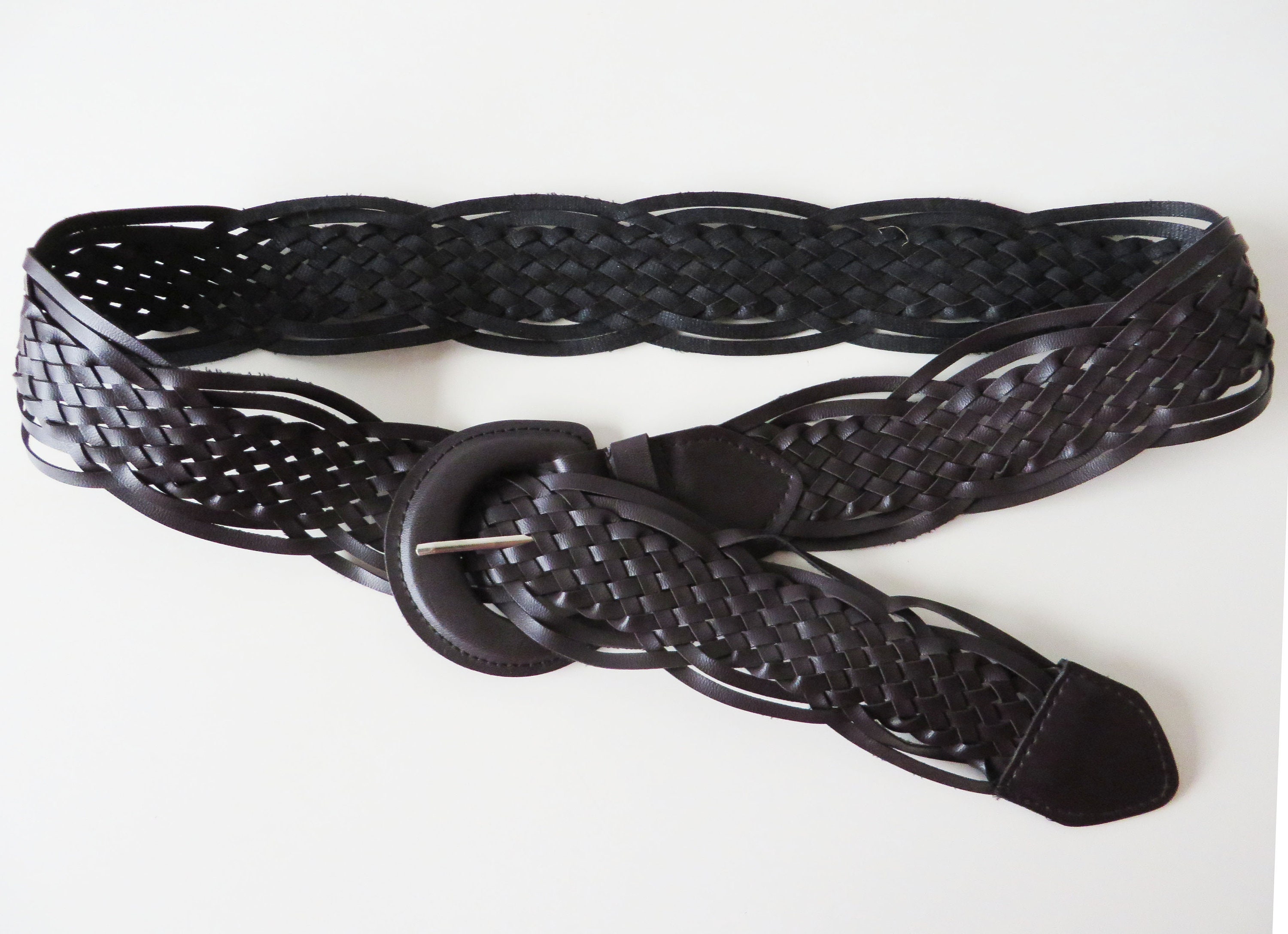 Dark Brown Braided Vegan Leather Belt with Buckle Woven Women Etsy