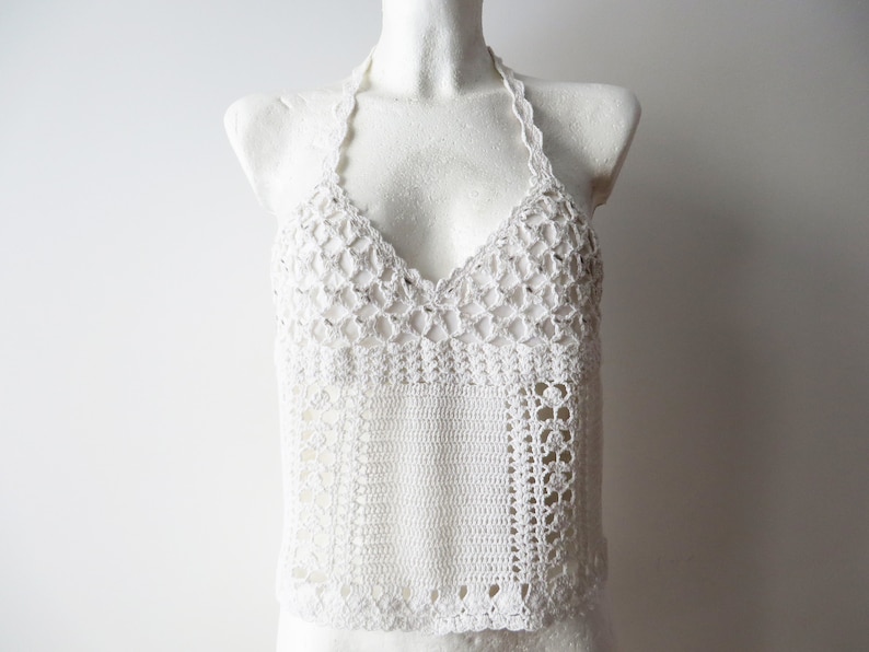 Ivory Cotton Halter Top Crochet Summer Crop Top Crocheted Tank Top White Open Back Top Summer Beads Embroidered Bustier Gift for Her Medium