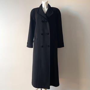 80s Black women&#39;s coat, long wool overcoat, elegant double breasted coat, preppy pea coat, velvet buttons, shoulder pads, gift idea medium