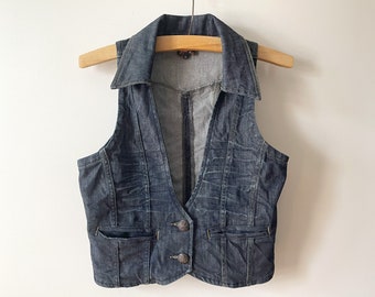 Navy blue denim vest, Fitted collared women summer top, country western cowgirl Waistcoat, denim jean vest, gift idea for her, size medium