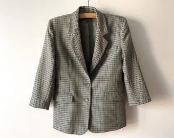 Vintage 90s Wool Houndstooth Blazer: Gray Plaid Formal Jacket, Large
