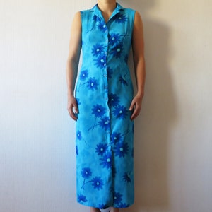 Vintage 80s Turquoise Floral Dress Blue Viscose Button up Sleeveless Summer Dress Button Down Side Slits Boho Hippie Maxi Dress Medium Size