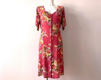 90s Floral Rayon Sundress: Pink Crinkle Print Shift Dress, Medium