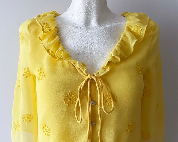 90s Yellow ruffle blouse, cropped Women top, Poly… - image 2