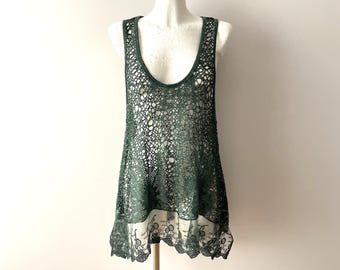 Vintage smaragdgroene kanten blouse: mouwloze boho-tanktop