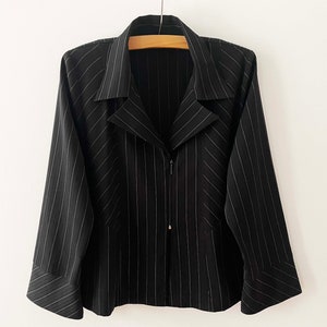 Black Striped Women Blazer Zipped Formal Jacket with Shoulder Pads Women&#39;s Office Wear Plus Size XL Large