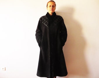 Black suede leather coat, long warm faux fur trimmed genuine leather winter coat Made in Finland size medium to large