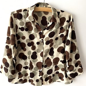 Polka dot blouse, Beige brown top, 3/4 sleeve poly silk shirt, summer top, gift idea for mom, size large