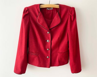 Blazer dirndl cramoisi des années 90, veste rouge autrichienne en laine mélangée, blazer court Tyrol, veste chaude loden trachten, cadeau pour elle, grand