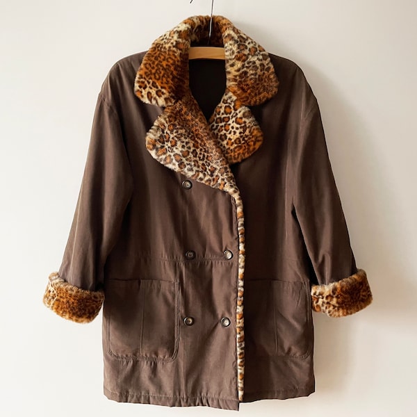 Parka pour femme, veste marron avec col en fourrure végétalienne à imprimé guépard, parka d'hiver chaud, pardessus croisé, idée cadeau pour elle, grand