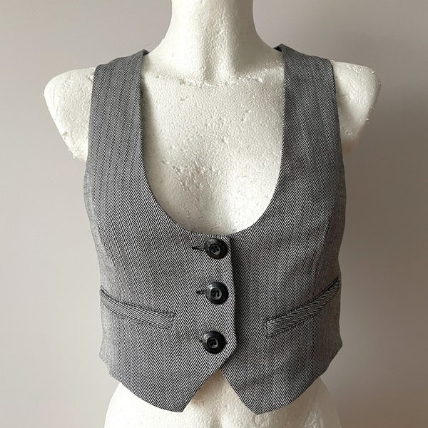Gray women's vest, cropped herringbone pattern waistcoat, steampunk vest, office outfit, gift for her, size small