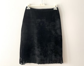 Vintage Black Vegan Suede Fringe Skirt: Boho High Waist Pencil Skirt (M)