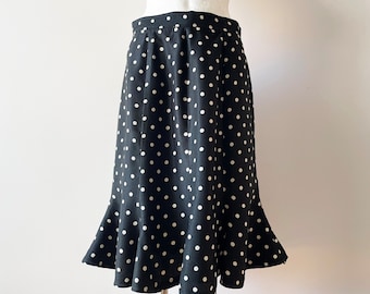 Vintage Black Polka Dot Ruffle Skirt: High Waist Office Style, Medium