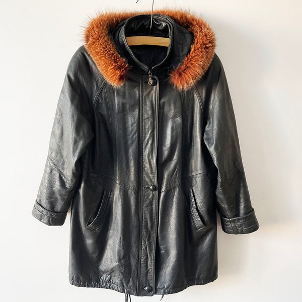 Veste parka en cuir avec garniture en fourrure de renard véritable, manteau parka en cuir véritable noir avec capuche, veste longue en cuir pour femmes avec épaulettes, grand