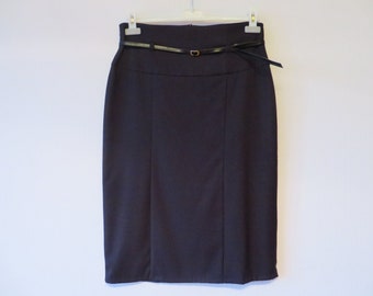Dark Grey Pencil Skirt High Waist Skirt Fitted Knee Length Skirt Black Office Slit Skirt with Vegan Faux Leather Belt Medium Size