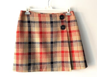 Vintage Tartan Plaid Wool Blend Mini Skirt - Beige Brown Checkered Skater Style - Size Large