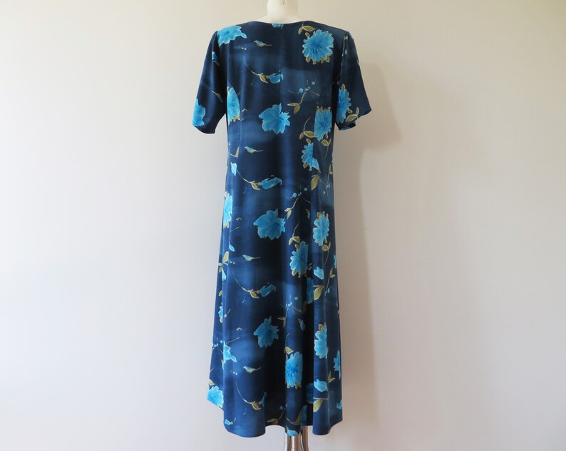 80s Navy Blue Floral Viscose Dress Flower Print Button Up Short Sleeve Summer Gown Shoulder Pads Church Dress Boho Hippie Romantic Medium