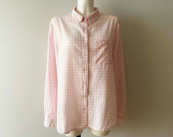 Plaid women shirt, Checked white pink blouse, Long sleeve button up summer chemise, gift for her, size large