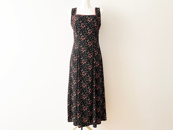 90s Viscose summer dress, black floral print slee… - image 1