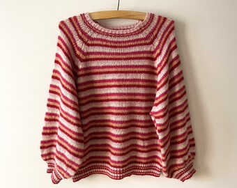 Striped Mohair sweater, knit pink red pullover, warm winter jumper, knitted long sleeve women's wool sweater, gift idea for her, size medium