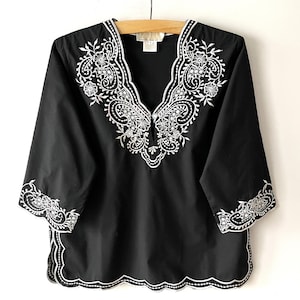 Black Embroidered Tunic: Cotton Blend Boho Blouse, Size L