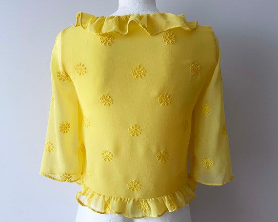90s Yellow ruffle blouse, cropped Women top, Poly… - image 3