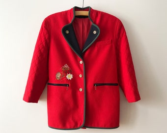 Heißer roter Damen-Blazer, bestickte Trachtenjacke, Wollgemisch Jacke, Dirndl warmer Parka-Mantel, bayerischer Festtag, österreichische Jacke, groß