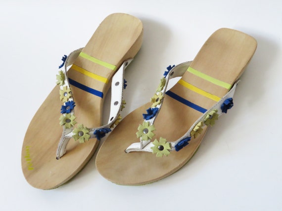 Floral Leather Wooden Flip Flops Women's Sliders … - image 1