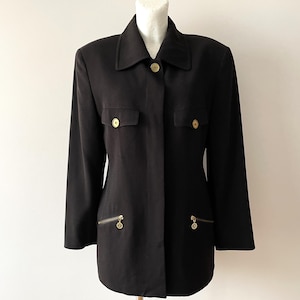 90s Black women&#39;s blazer with brass buttons, long formal jacket with shoulder pads, women office wear, gift idea for her, size medium