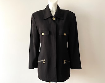 Vintage 90s Black Blazer: Brass Buttons, Shoulder Pads, Size Medium