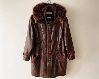 80's 90's Leather parka jacket with real fur trim, Brown real leather parka coat with hood, women long leather jacket, shoulder pads, large