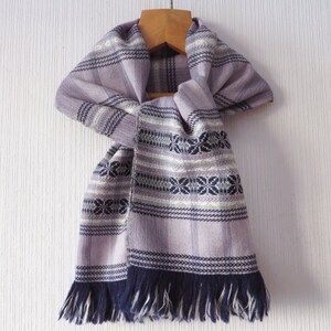 Vintage 80s Fringed Nordic Scarf Handwoven Scarf Men&#39;s Women&#39;s Wrap Purple Blanket Scarf Winter Shawl Mauve Neck Warmer Fine Wool Scarf OOAK