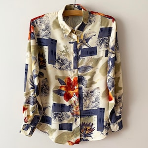 80s Women viscose shirt, Abstract print blouse, Silky viscose grunge long sleeve button up hipster shirts, festival top, gift for her medium