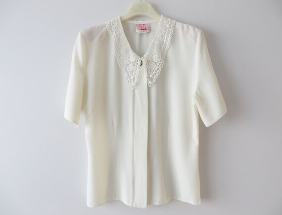 80s Ivory White Blouse with Lace Collar Women Sil… - image 5
