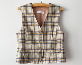 Plaid linen summer top, women waistcoat, beige lined lightweight women vest, fitted sleeve less top, gift for her, size medium