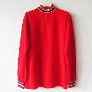 Vintage 1980s Hot Red Cycling Jacket Champion Stripe Bright Knit Sweater Alan Lloyd Cycling Supplies Activewear Made in UK Size Medium