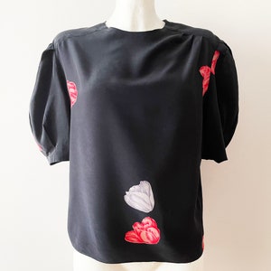 Floral summer blouse, women&#39;s puff sleeve top, tulips flowers print silk blouse, women office wear, basic top, size medium