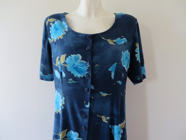 80s Navy Blue Floral Viscose Dress Flower Print Button Up Short Sleeve Summer Gown Shoulder Pads Church Dress Boho Hippie Romantic Medium