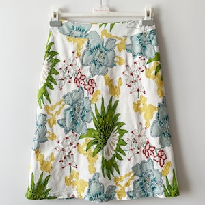 White embroidered skirt, HIRSCH cotton summer skirt, bright flowers women&#39;s floral sequins embroidery, A line midi skirt, size small