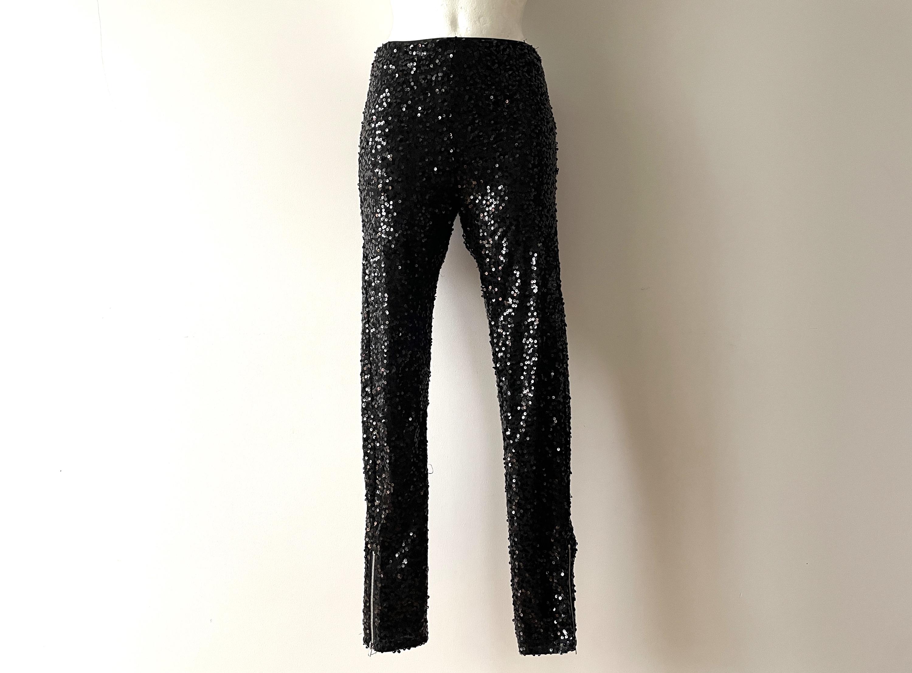 Vintage Black Sequin Disco Pants - High Waist Trousers, Size Small