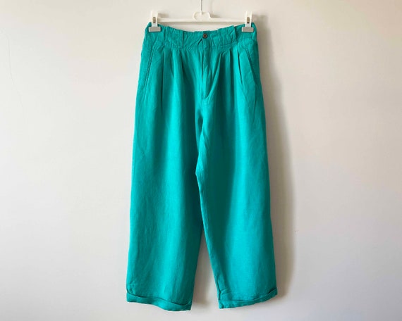 80s Emerald green women summer pants, High waist … - image 1
