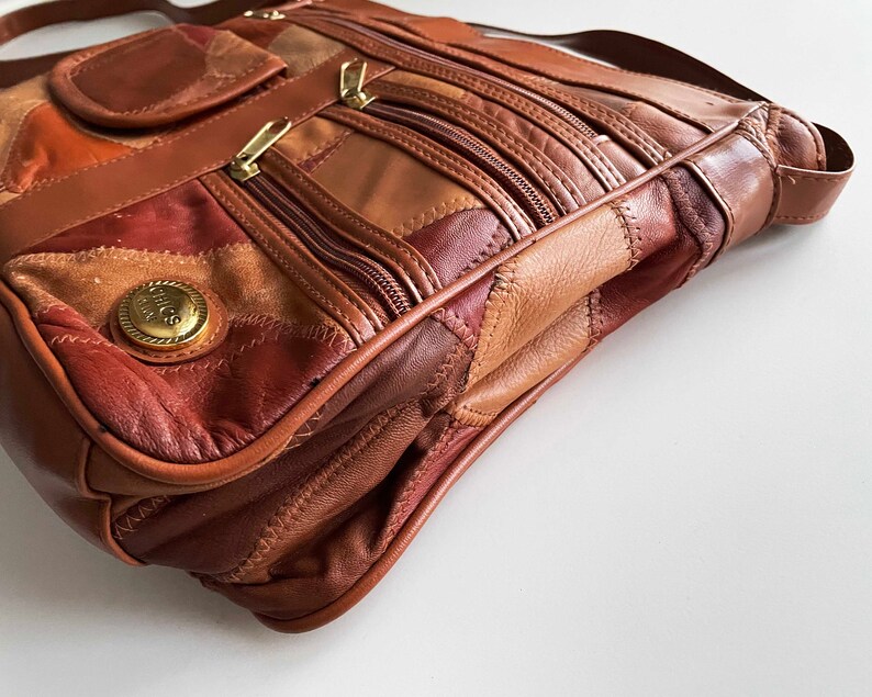 Leather Shoulder Bag Caramel Brown Patchwork Leather Handbag Etsy
