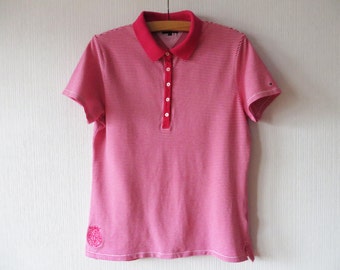 Tommy Hilfiger Polo Shirt Women's Polo Shirt Pink Striped Shirt Short Sleeve Pink Cotton Golf Shirt Preppy Plus Size XXL Large Polo Shirt