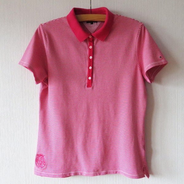 Tommy Hilfiger Polo Shirt Women's Polo Shirt Pink Striped Shirt Short Sleeve Pink Cotton Golf Shirt Preppy Plus Size XXL Large Polo Shirt