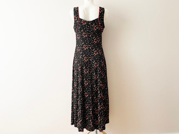 90s Viscose summer dress, black floral print slee… - image 3
